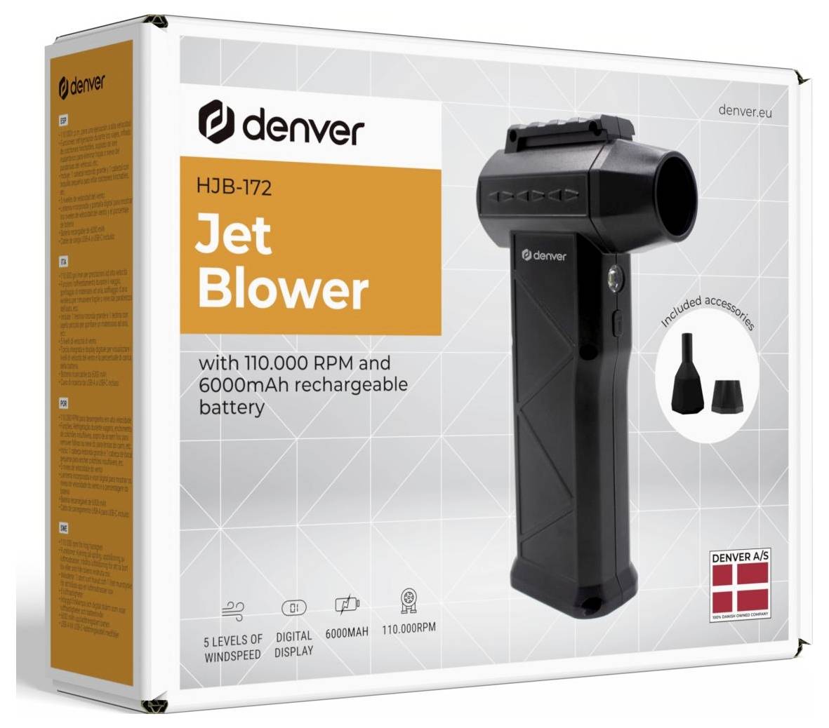 Einzelhandelsverpackung für einen Denver HJB-172 Jet Blower, zeigt das tragbare Blasgerät, mitgelieferte Zubehörteile und Spezifikationen: 110.000 U/min und wiederaufladbarer 6000-mAh-Akku.