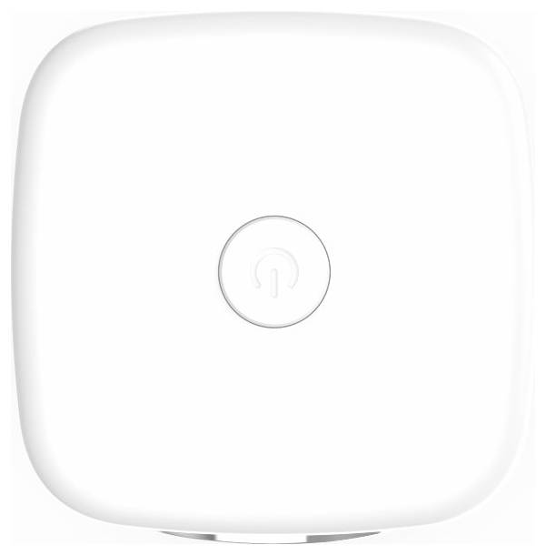 Weißes quadratisches Smart-Gerät mit abgerundeten Ecken und zentriertem Power-Button-Symbol