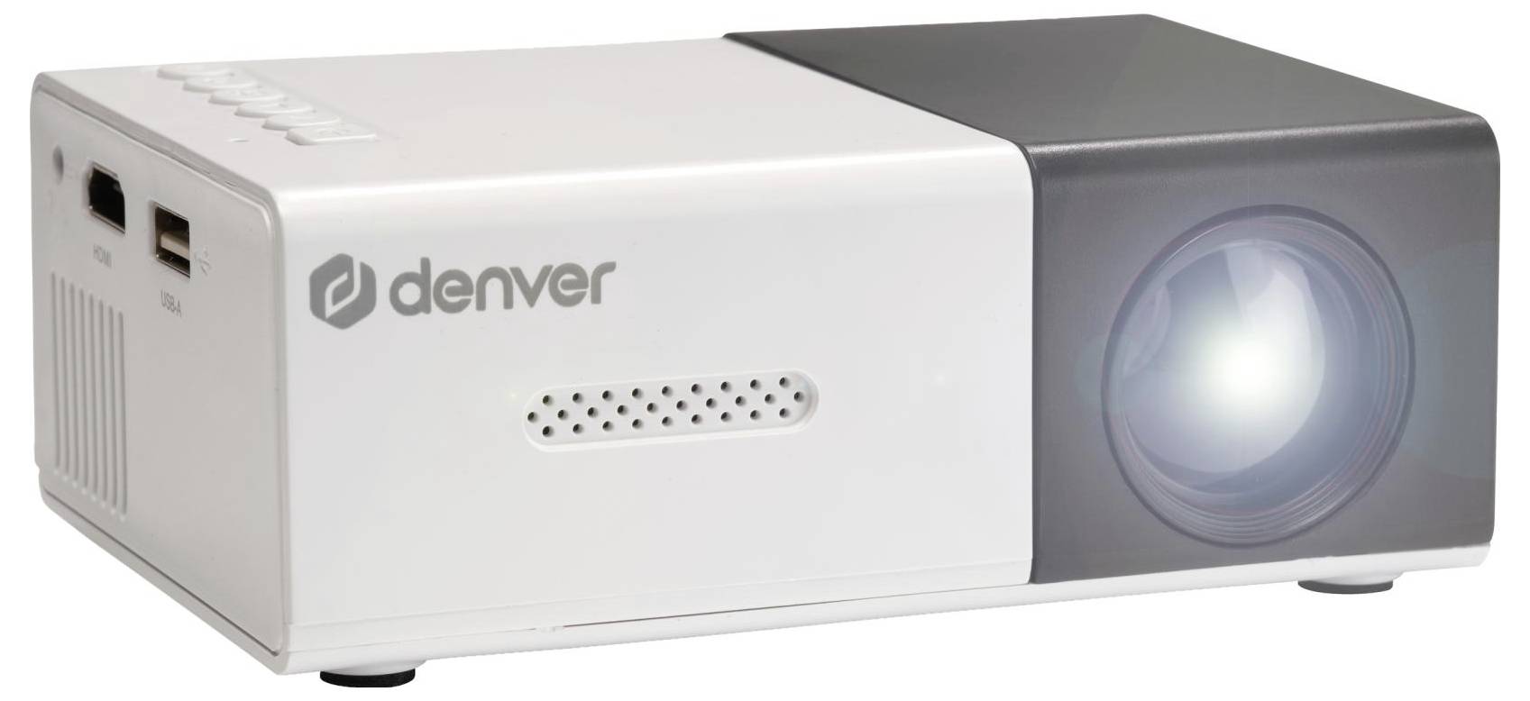Weißer Denver-Projektor mit Objektiv auf der rechten Seite, von vorne links auf weißem Hintergrund gezeigt.