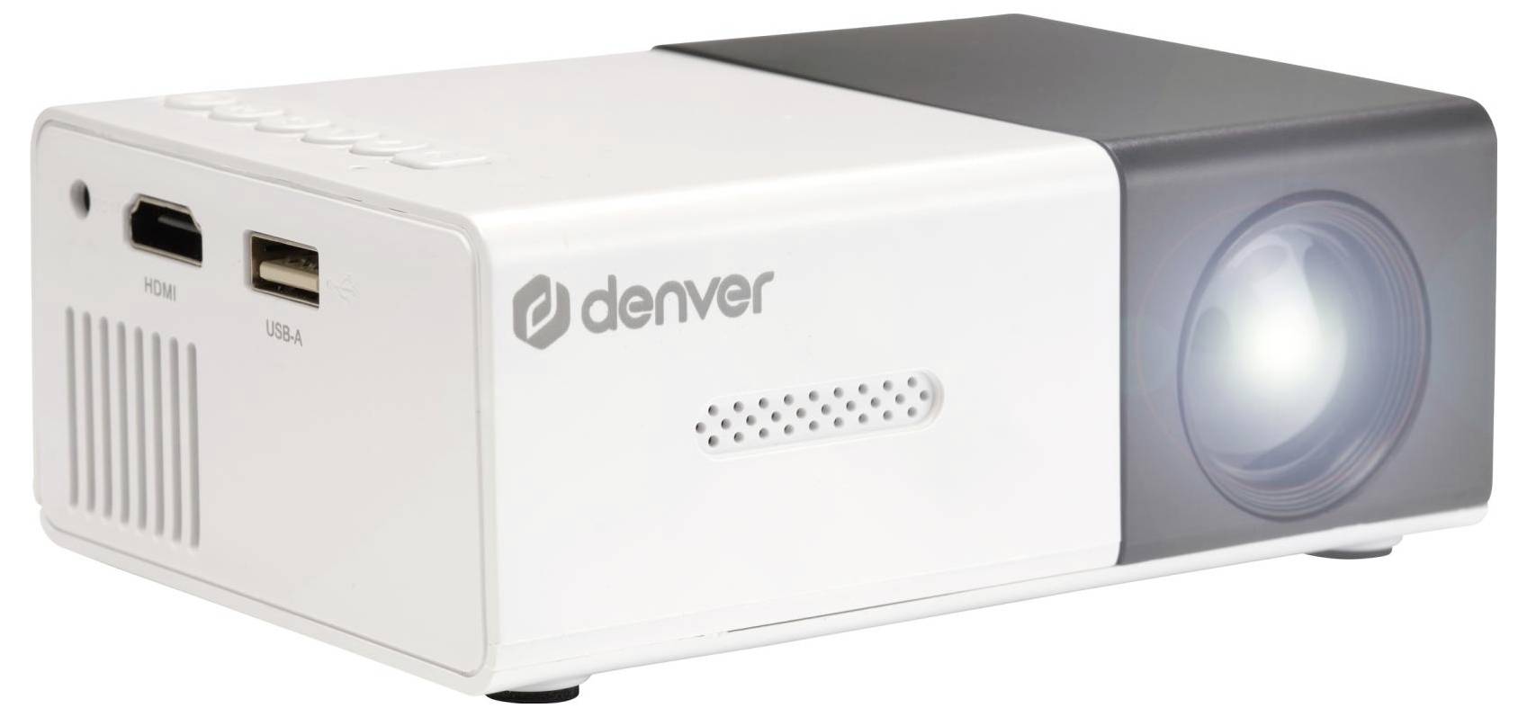 Weißer Denver-Projektor mit Objektiv auf der rechten Seite, vordere USB- und HDMI-Anschlüsse, auf einfachem Hintergrund dargestellt.
