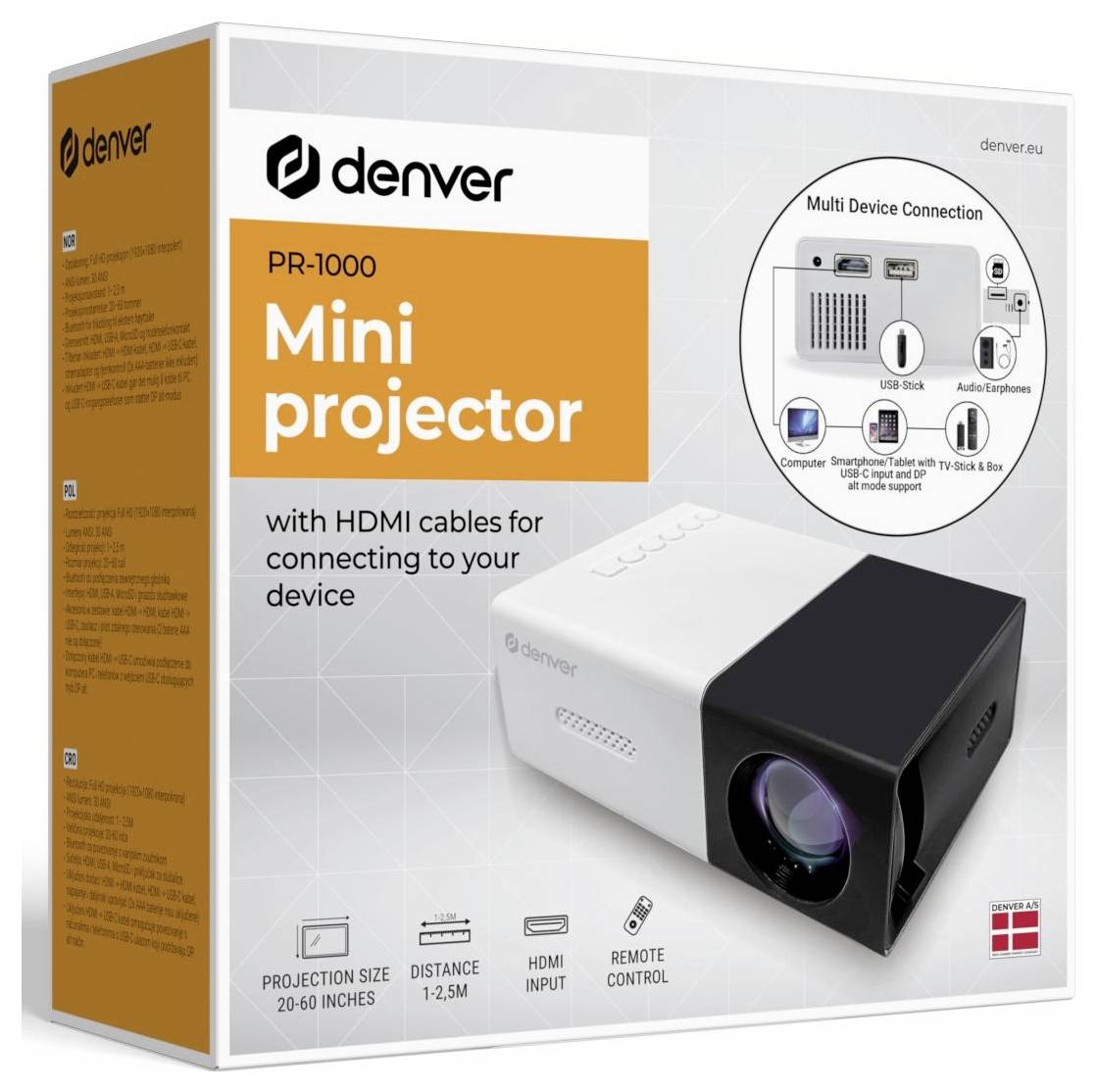 Verpackung für einen Denver PR-1000 Mini-Projektor mit HDMI-Kabeln; zeigt Projektorabbildung, Multifunktions-Verbindungsdiagramm und Funktionen wie 20-60 Zoll Projektion, 1-2,5 m Entfernung, HDMI-Eingang, Fernbedienung.