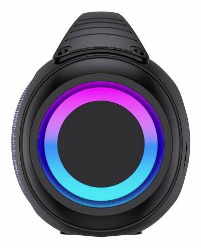 Schwarzer Over-Ear-Kopfhörer mit Ohrmuschel mit kreisförmigem RGB-Lichtring um den Lautsprechertreiber, auf weißem Hintergrund dargestellt.