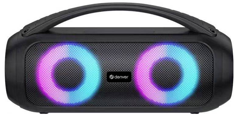 Tragbarer schwarzer Lautsprecher mit Griff und zwei leuchtenden RGB-Ringlichtern an der Vorderseite, Marke „denver
