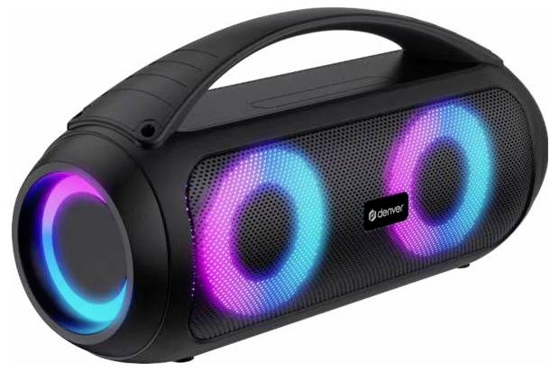 Tragbarer schwarzer Bluetooth-Boombox-Lautsprecher mit leuchtenden RGB-Ringlichtern an beiden Enden und vorderm Gitter