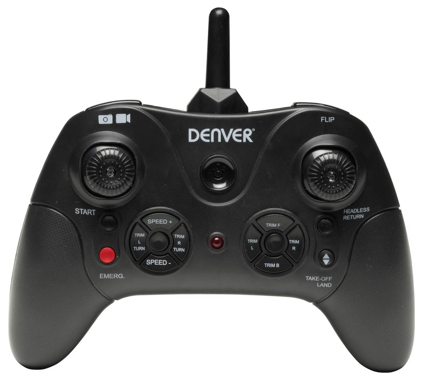 Schwarzer Denver-Drohnen-Fernbedienung mit Antenne, Joysticks und Tasten mit den Beschriftungen Flip, Speed, Take-off/Land und Headless Return.