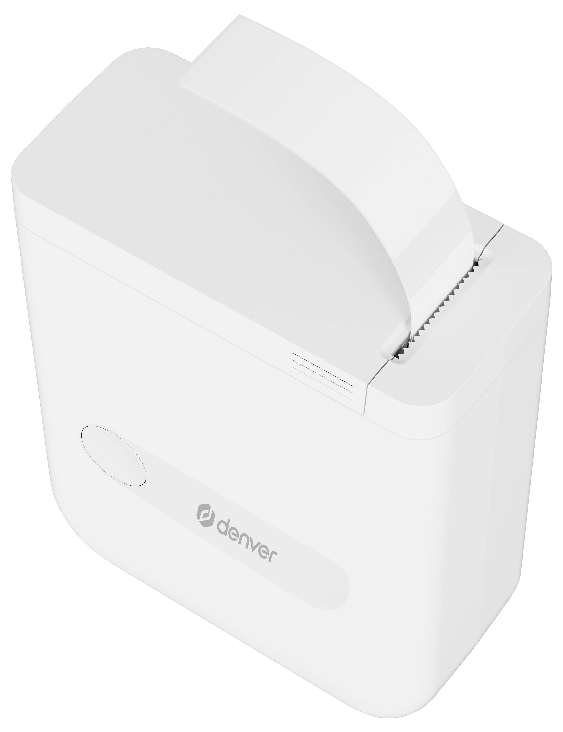 Kompakter weißer Thermodrucker für Belege mit eingelegter Papierrolle und vorderer Zuführungsöffnung, Marke Denver.