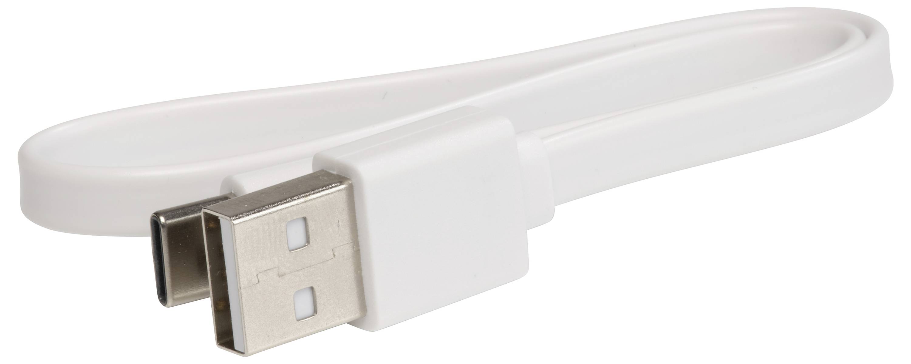 Weißes USB-Ladekabel mit Standard-USB-A-Anschluss und flachem Schleifenkabel auf weißem Hintergrund.