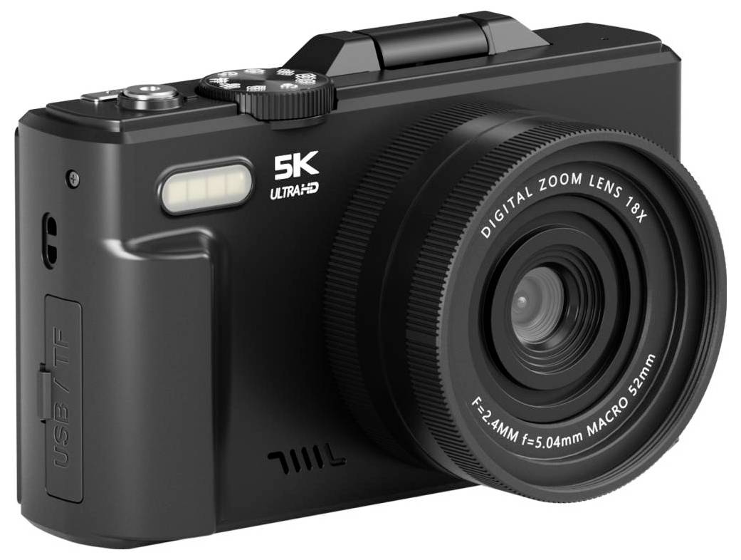 Schwarze kompakte Digitalkamera mit großem Zoomobjektiv, auf dem „5K Ultra HD