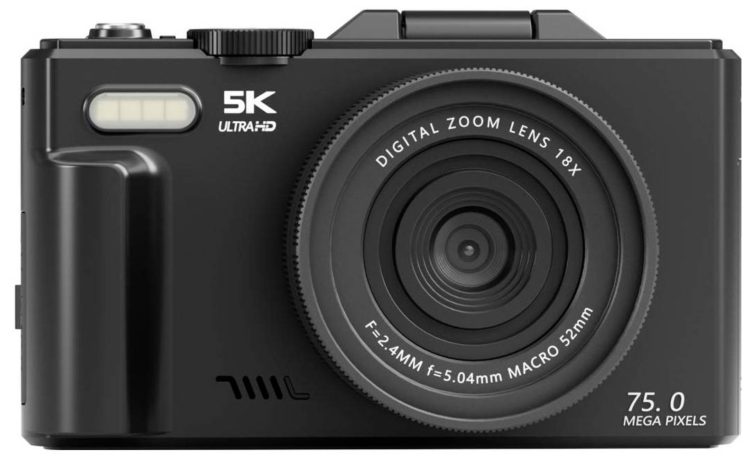 Schwarze kompakte Digitalkamera Vorderansicht mit Beschriftung „5K ULTRAHD