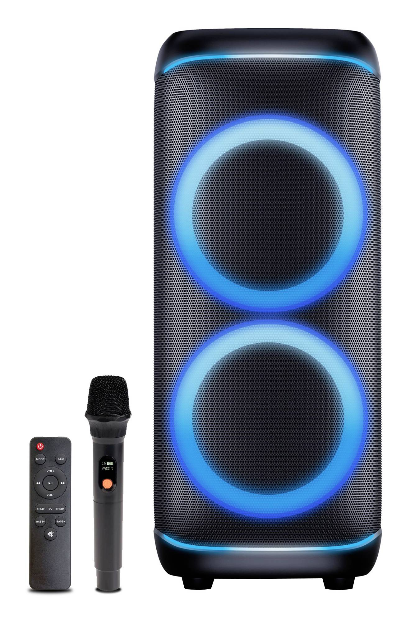 Tragbarer Bluetooth-Lautsprecher mit zwei blau beleuchteten kreisförmigen Treibern, drahtloser Fernbedienung und tragbarem Mikrofon auf weißem Hintergrund.