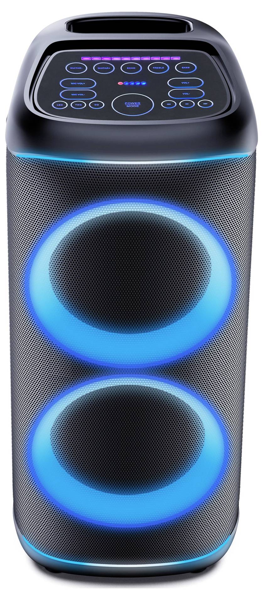 Schwarzer tragbarer Bluetooth-Lautsprecher mit zwei großen leuchtenden blauen LED-Ringen an der Vorderseite und einem Touch-Bedienfeld auf der Oberseite.