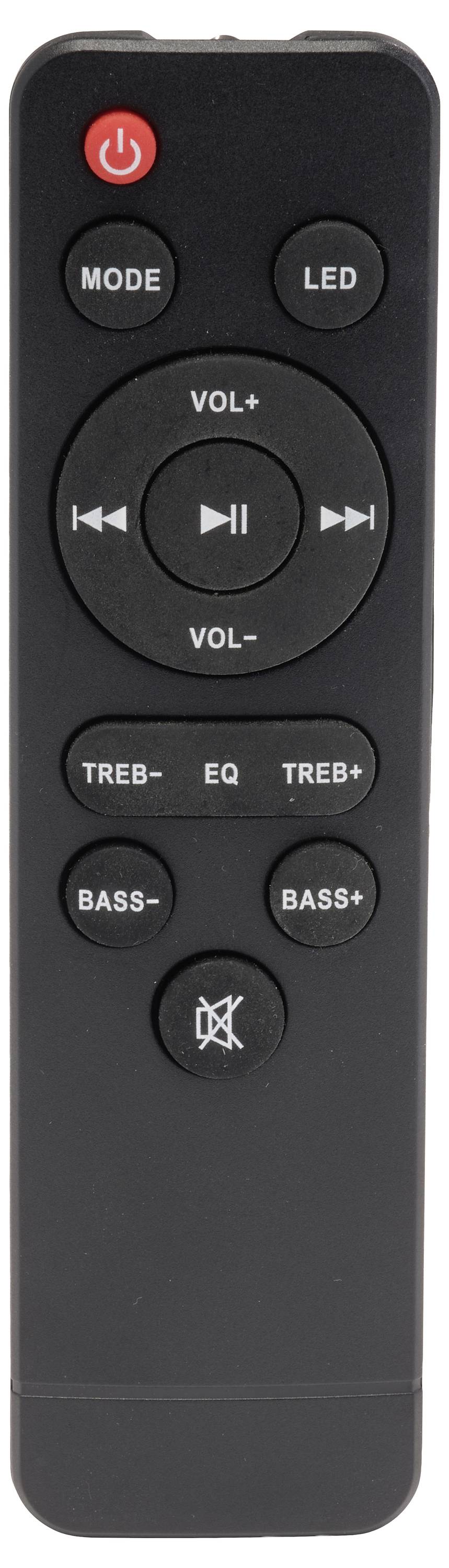Schwarze Fernbedienung mit Power-, Mode-, LED-, Lautstärke-, Medienwiedergabe-/Pausierungs- und Skipschaltflächen sowie Höhen-, Bass- und Stummschaltungsreglern.