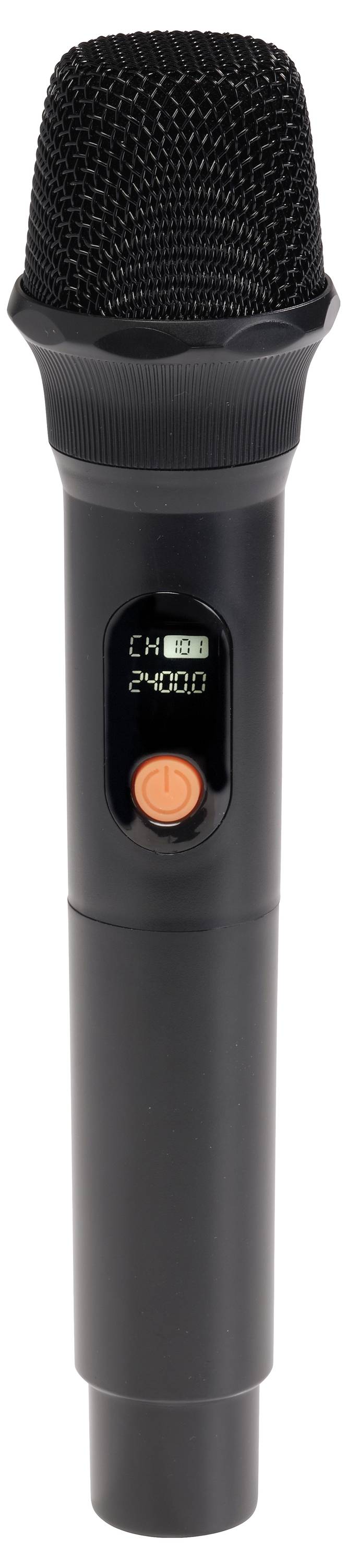 Tragbares schwarzes Mikrofon mit digitalem Display und orangefarbener Kontrolltaste auf einfachem weißem Hintergrund.