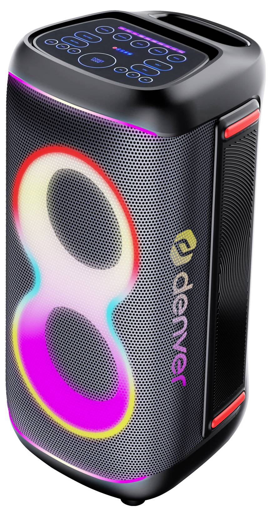 Tragbarer schwarzer Partylautsprecher mit farbigem LED-Ringbeleuchtung, Bedienfeld oben und „denver