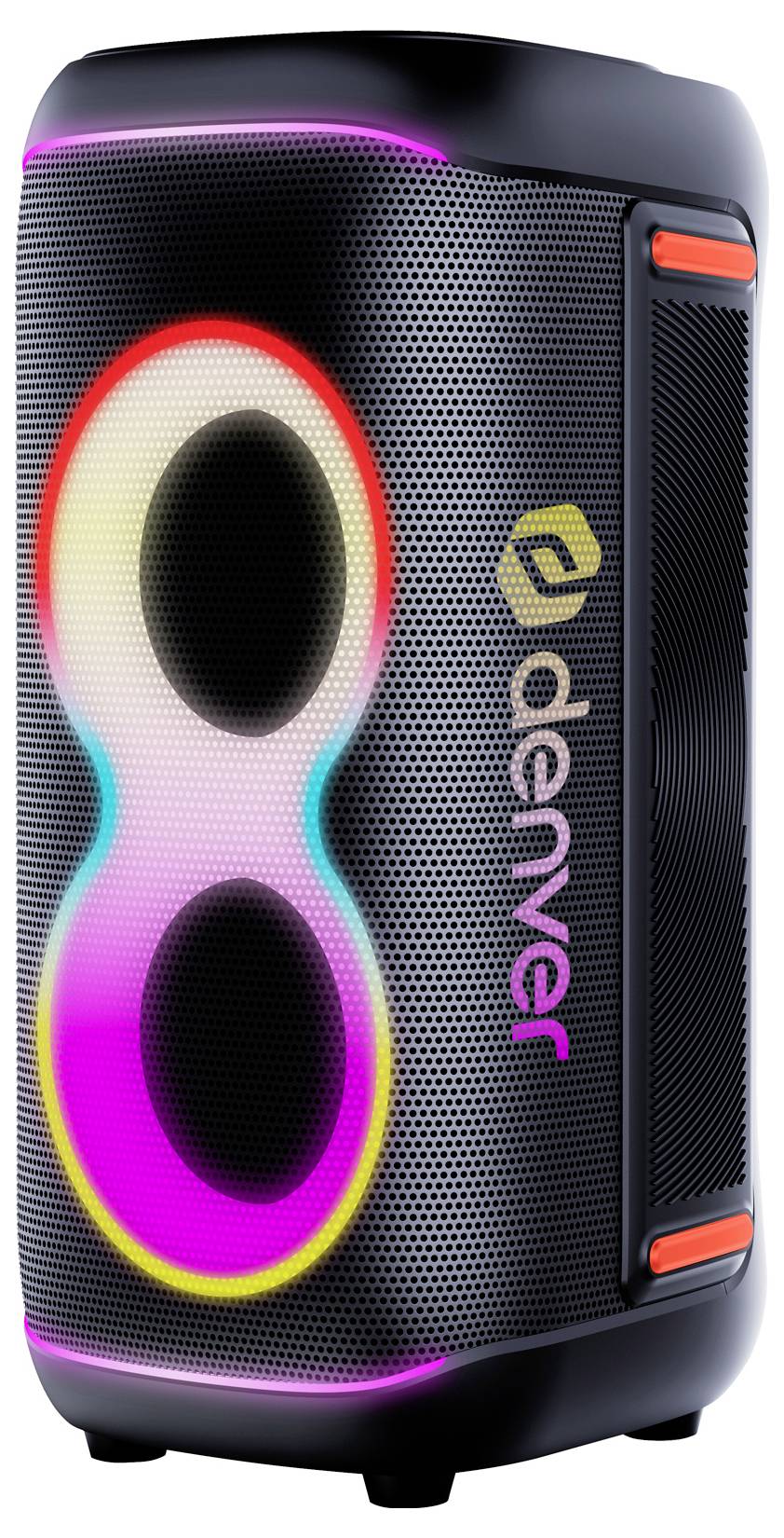 Schwarzer Denver-Tragbarer Lautsprecher mit perforiertem Gitter, leuchtender unendlichkeitsförmiger LED-Ring an der Vorderseite und 