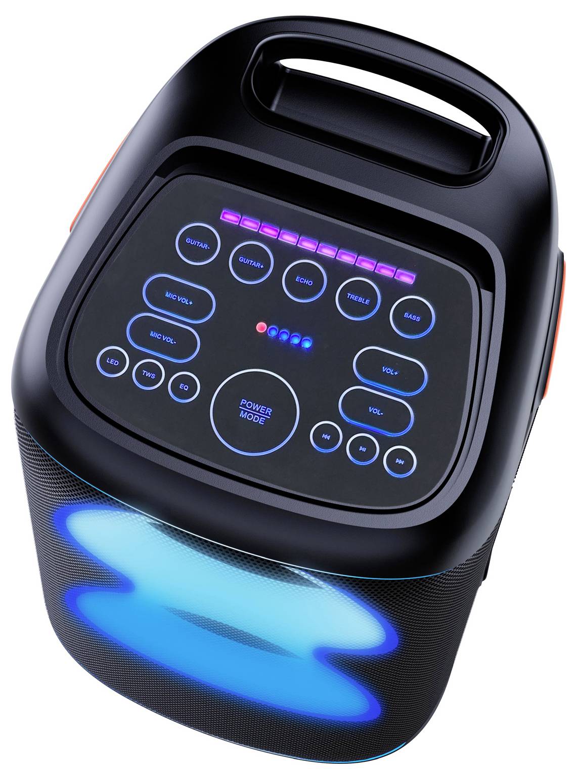 Tragbarer Bluetooth-Lautsprecher mit oberer Bedienleiste, beleuchteten Tasten und LED-Leuchtring an der Vorderseite.