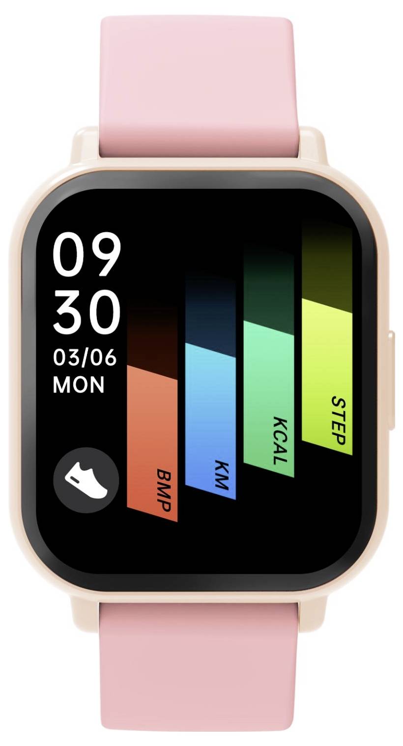 Quadratische rosafarbene Smartwatch zeigt 09:30, 03/06 MON an, mit Aktivitätsbalken für Schritte, Kalorien, km und BPM auf dem Display.