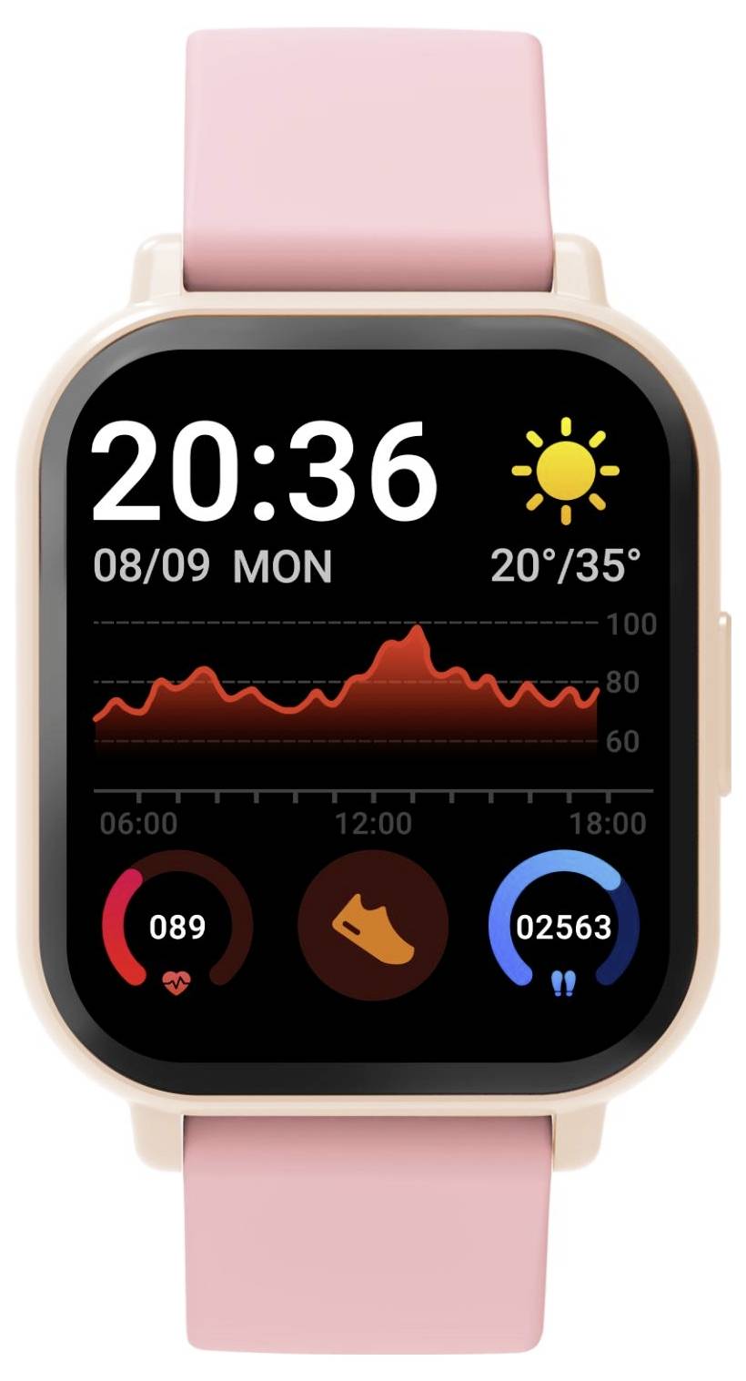 Rosa Smartwatch-Zifferblatt zeigt 20:36 Uhr, sonniges Wetter, Datum 08/09 Mo, Temperatur 20°/35°, ein rotes Aktivitätsdiagramm und drei kreisförmige Statistik-Symbole.