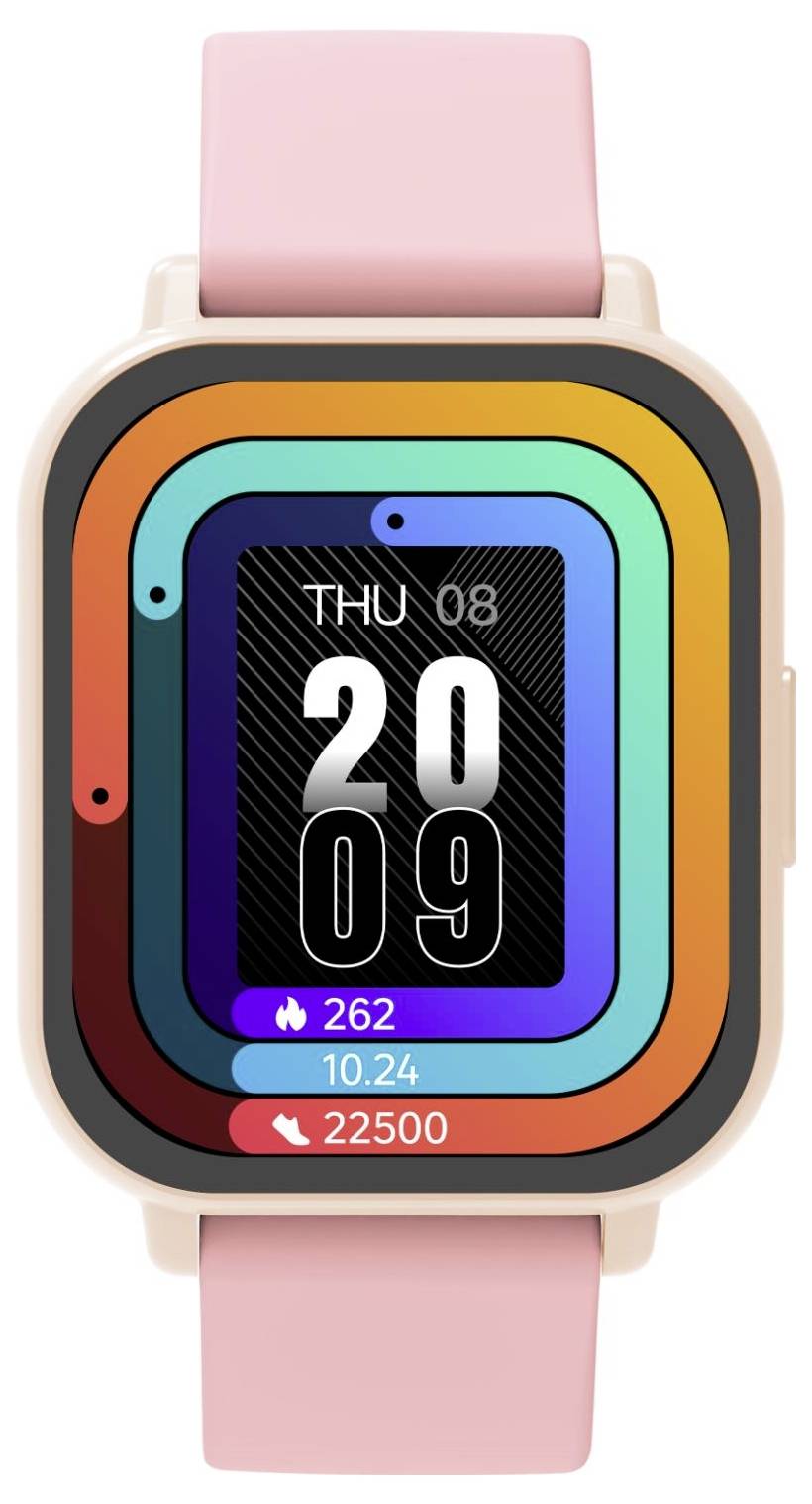 Rosa Smartwatch mit quadratischem Display, das das Zifferblatt anzeigt: „DO 08
