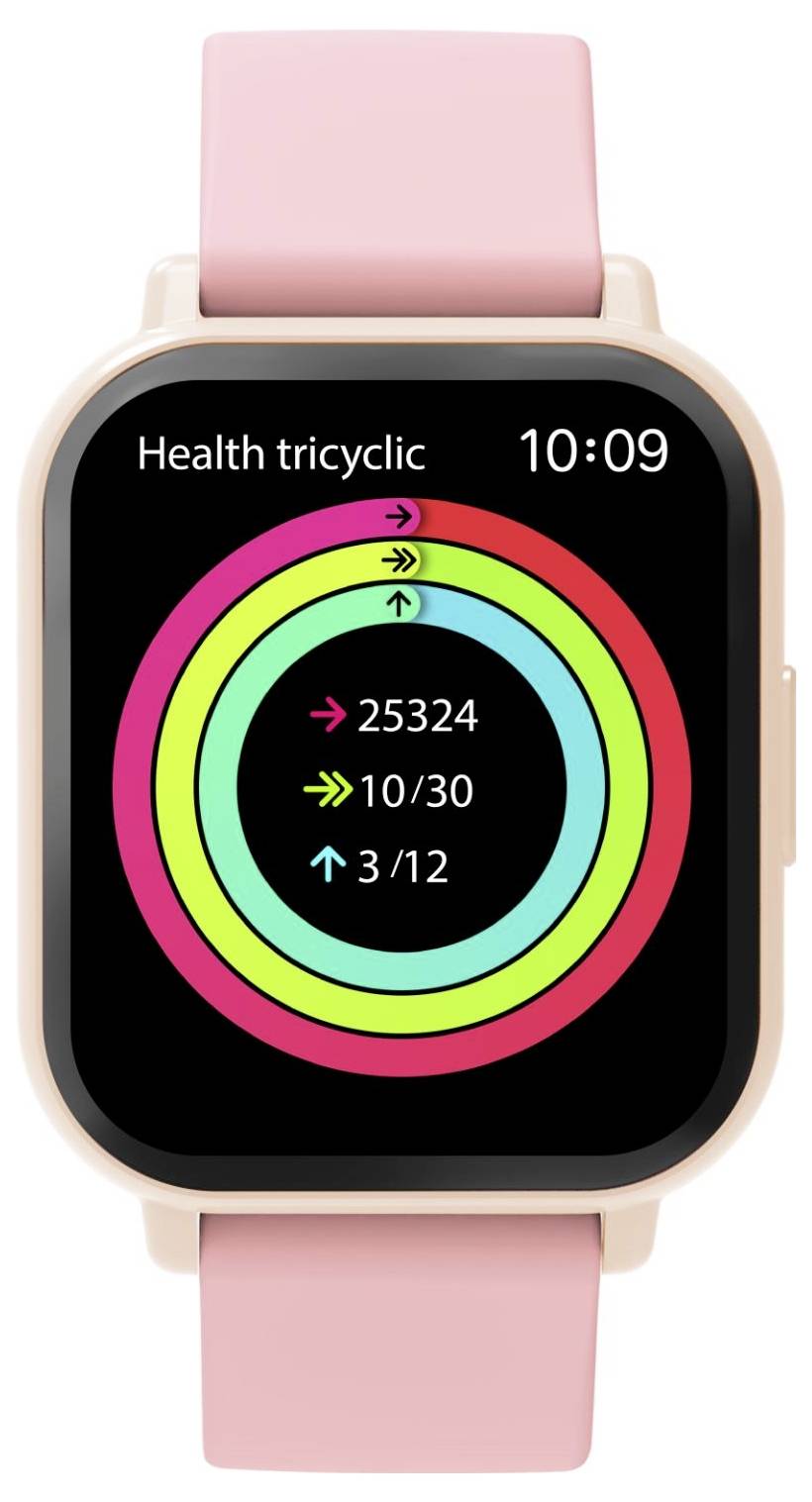 Eine rosa Smartwatch zeigt einen Health-Activity-Rings-Bildschirm mit dem Titel 