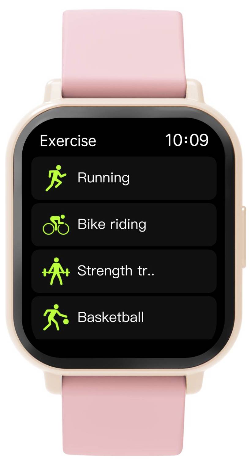 Smartwatch-Trainingsmenü mit Uhrzeit 10:09 und vier Trainingsoptionen: Laufen, Radfahren, Krafttraining und Basketball.