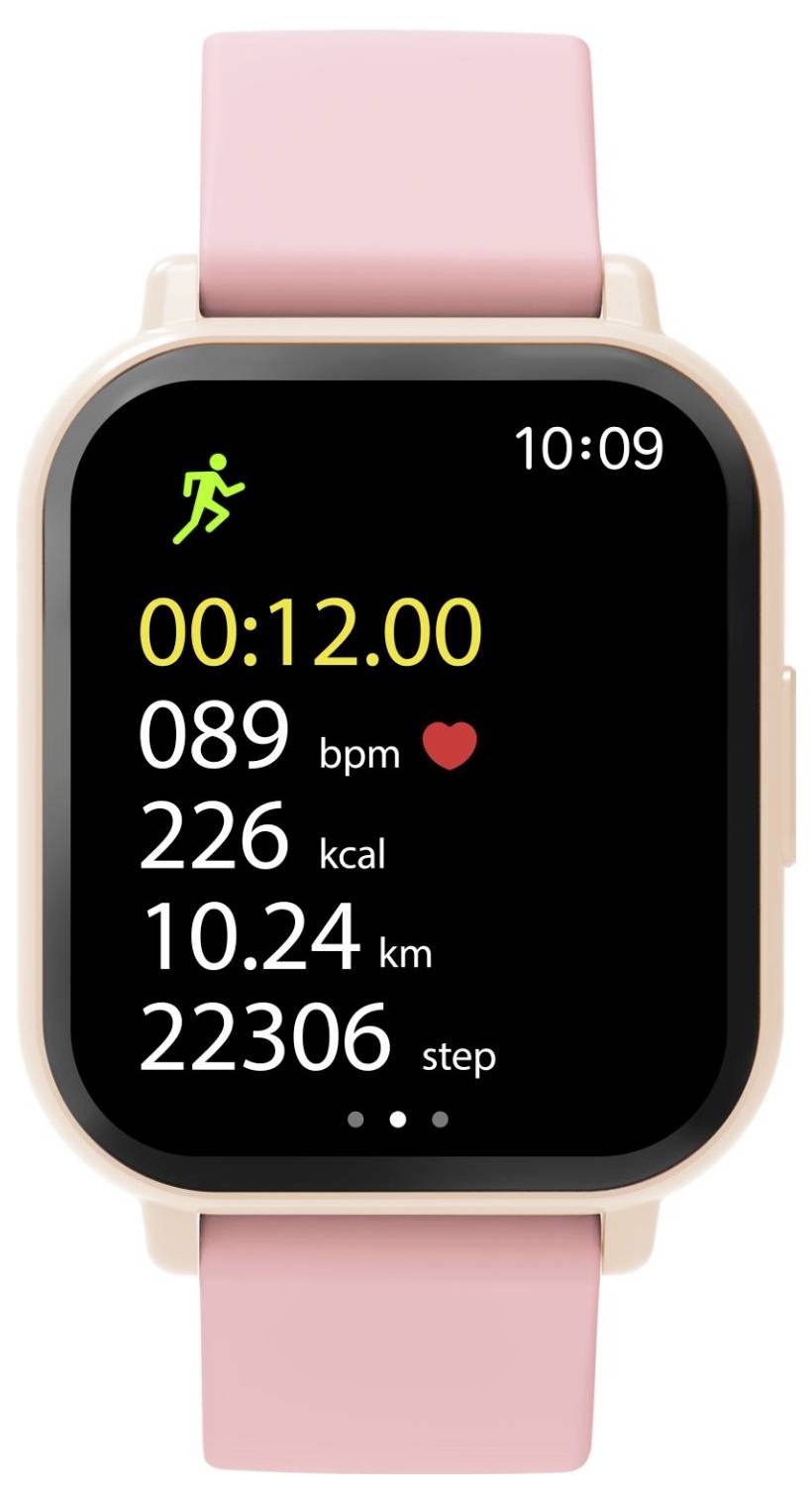 Eine rosa Smartwatch mit einem Fitness-Tracking-Bildschirm, der die Uhrzeit 10:09, Trainingsicons, eine Dauer von 12:00, Herzfrequenz 89 Schläge pro Minute, 226 kcal, 10,24 km und 22.306 Schritte anzeigt.