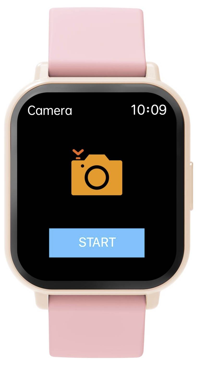 Rosa Smartwatch-Bildschirm mit einer Kamera-App, die 10:09 Uhr anzeigt, ein orangefarbenes Kamerasysmbol und eine Schaltfläche 