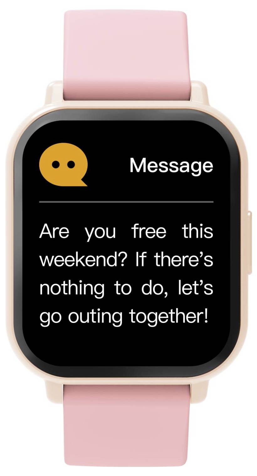 Ein Smartwatch-Bildschirm zeigt ein Nachrichtensymbol und den Text: 'Nachricht' und 'Hast du dieses Wochenende Zeit? Wenn du nichts vorhast, lass uns zusammen einen Ausflug machen!'