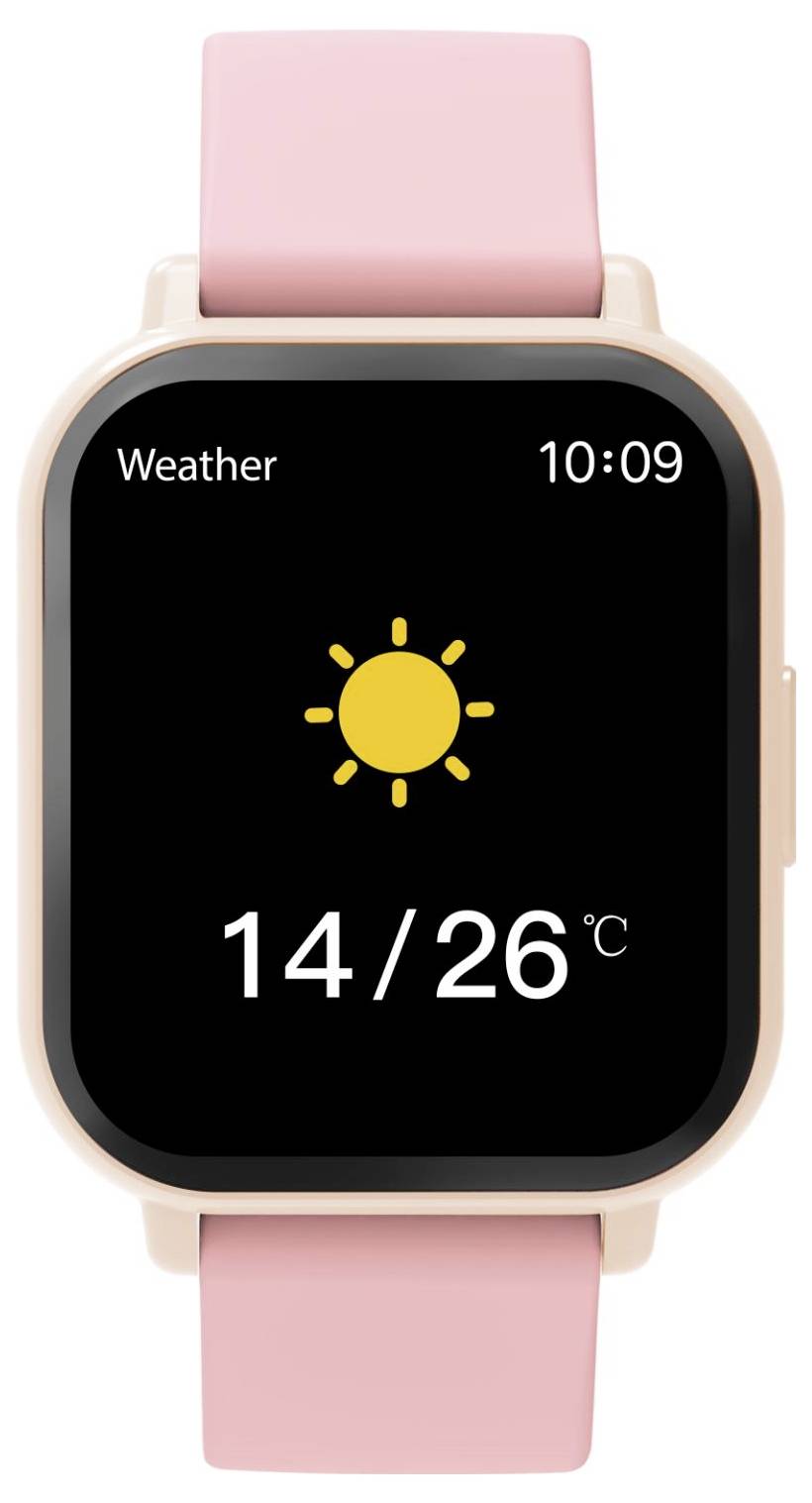 Smartwatch zeigt Wetter um 10:09 mit sonnigem Symbol und Temperaturen 14/26°C auf schwarzem Bildschirm, rosa Armband.