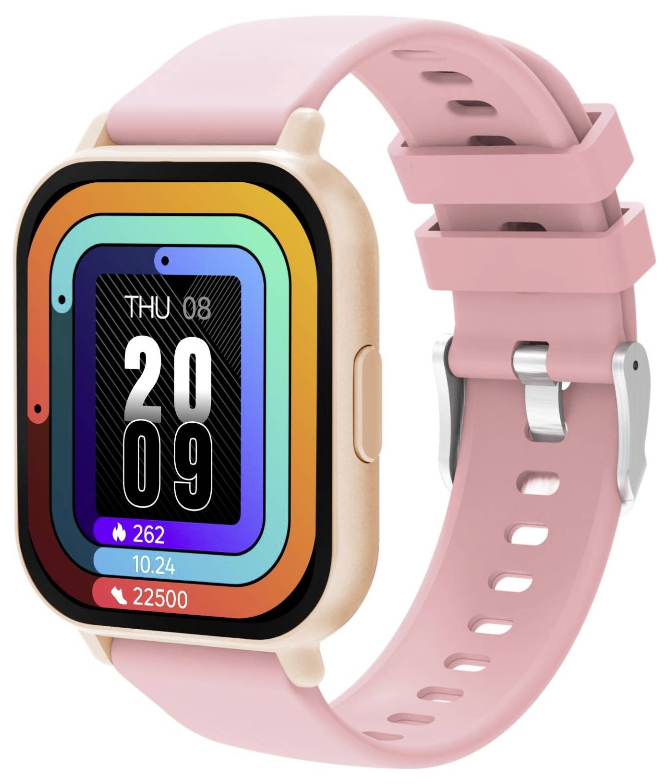 Rosa Smartwatch mit quadratischem Display, das 