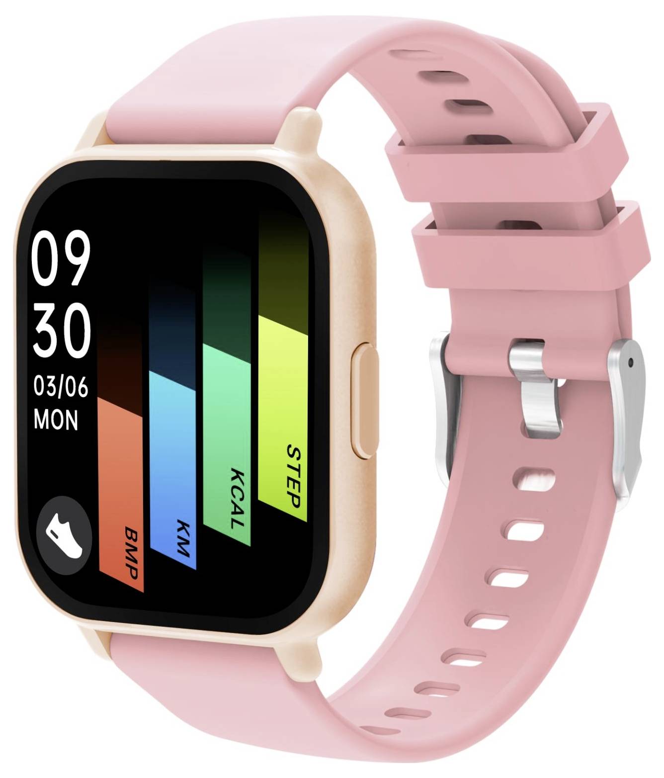 Rosa Smartwatch mit quadratischem Display, das 09:30, Datum 03/06, Montag und farbenfrohe Fitness-Balken mit den Beschriftungen BPM, KM, KCAL, SCHRITT anzeigt.