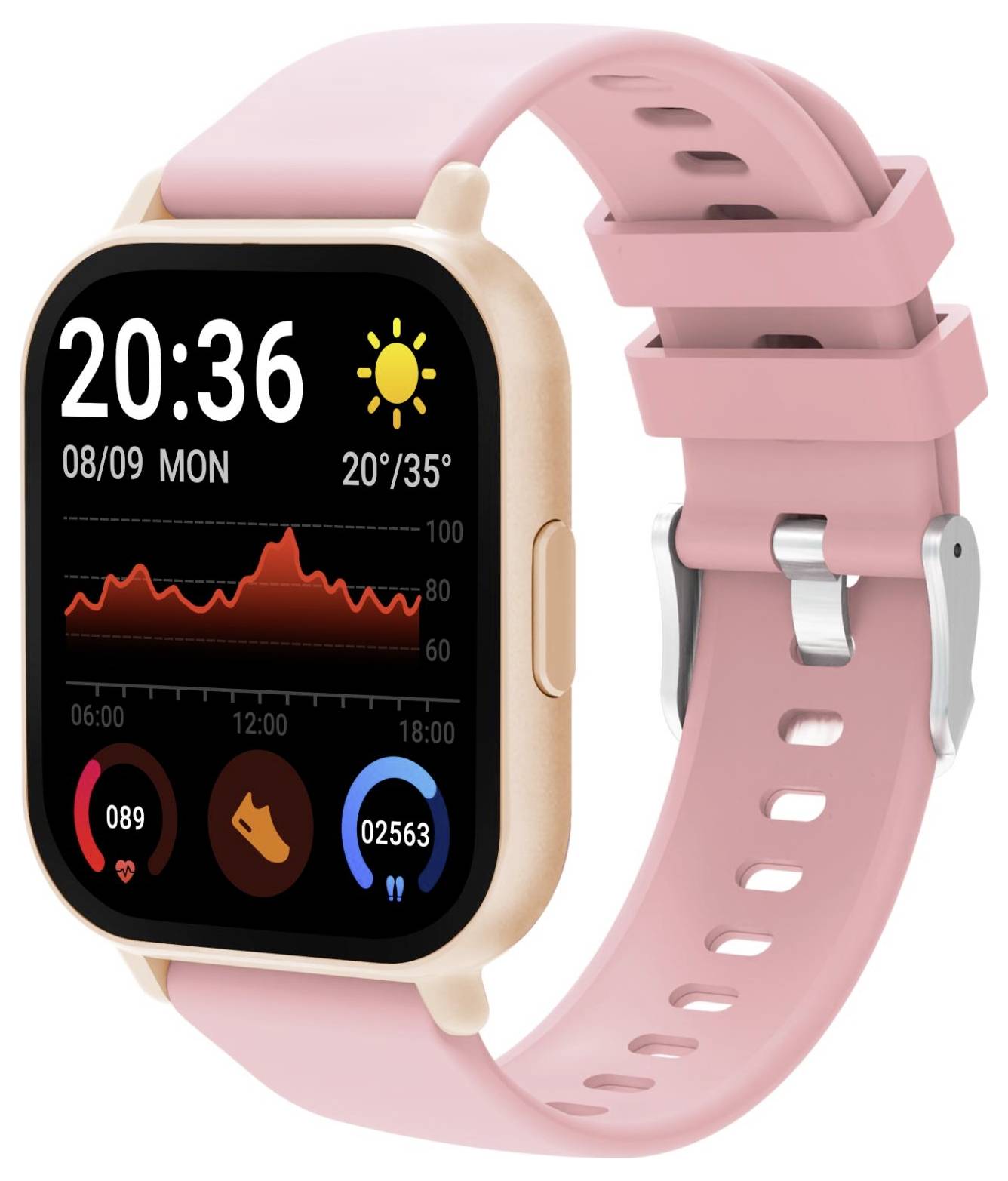 Rosa Smartwatch mit schwarzem Display, das 20:36 anzeigt, Datum 08/09 MO, Wetter 20°/35°, Aktivitätsgraph und Fitnessstats.