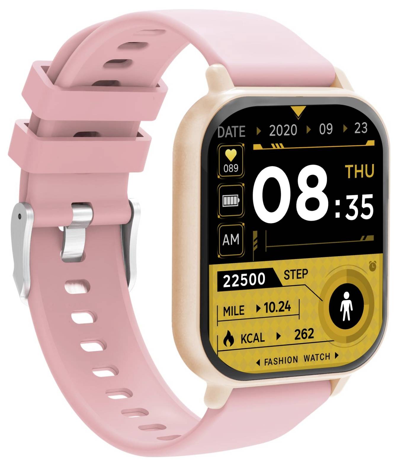Rosa Smartwatch mit schwarz-goldenem digitalem Fitness-Display, das 08:35 anzeigt, Datum 2020-09-23, Schritte, Meilen und Kalorien.