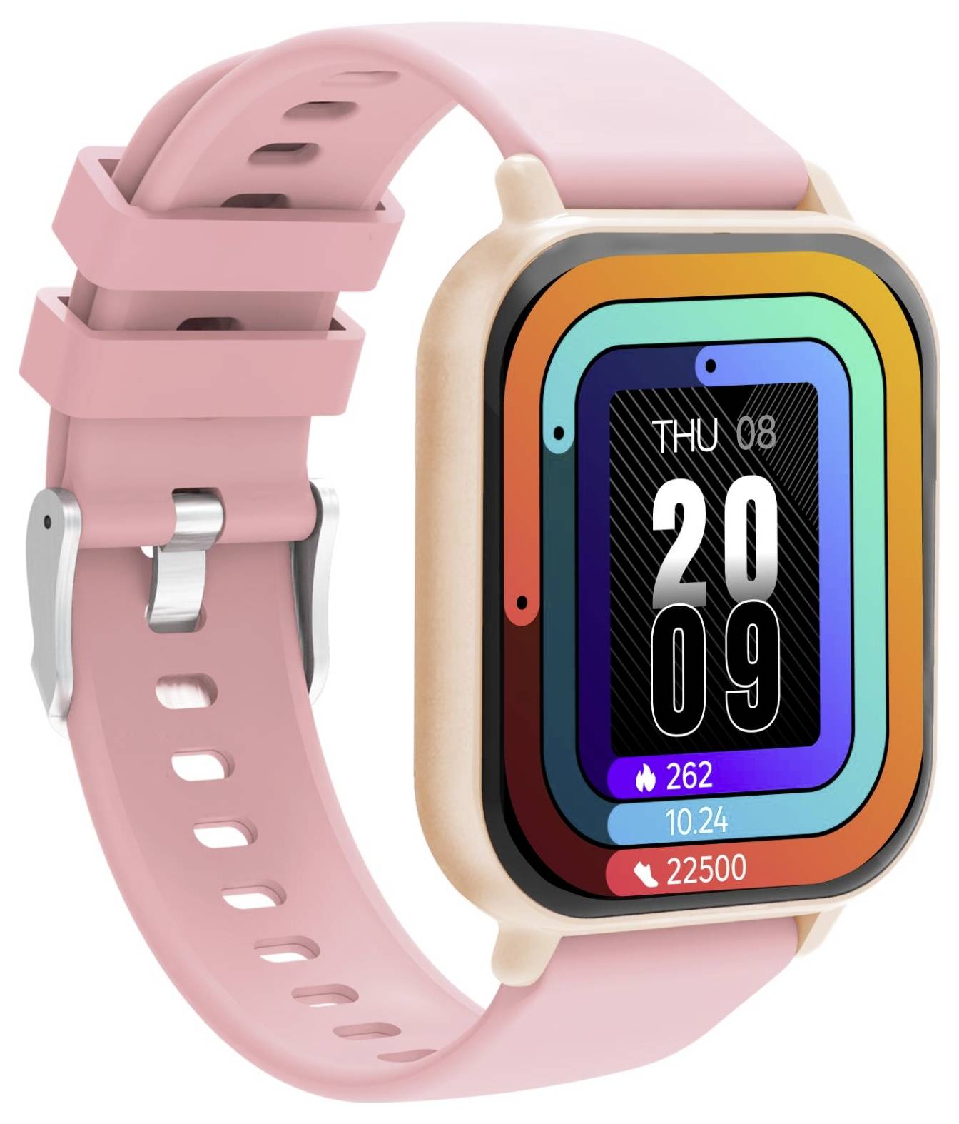 Rosafarbene Smartwatch mit rechteckigem Farbdisplay, das die Uhrzeit 20:09, das Datum DO 08 und Statistiken zu Herzfrequenz, Schritten und Akkuladestand anzeigt.