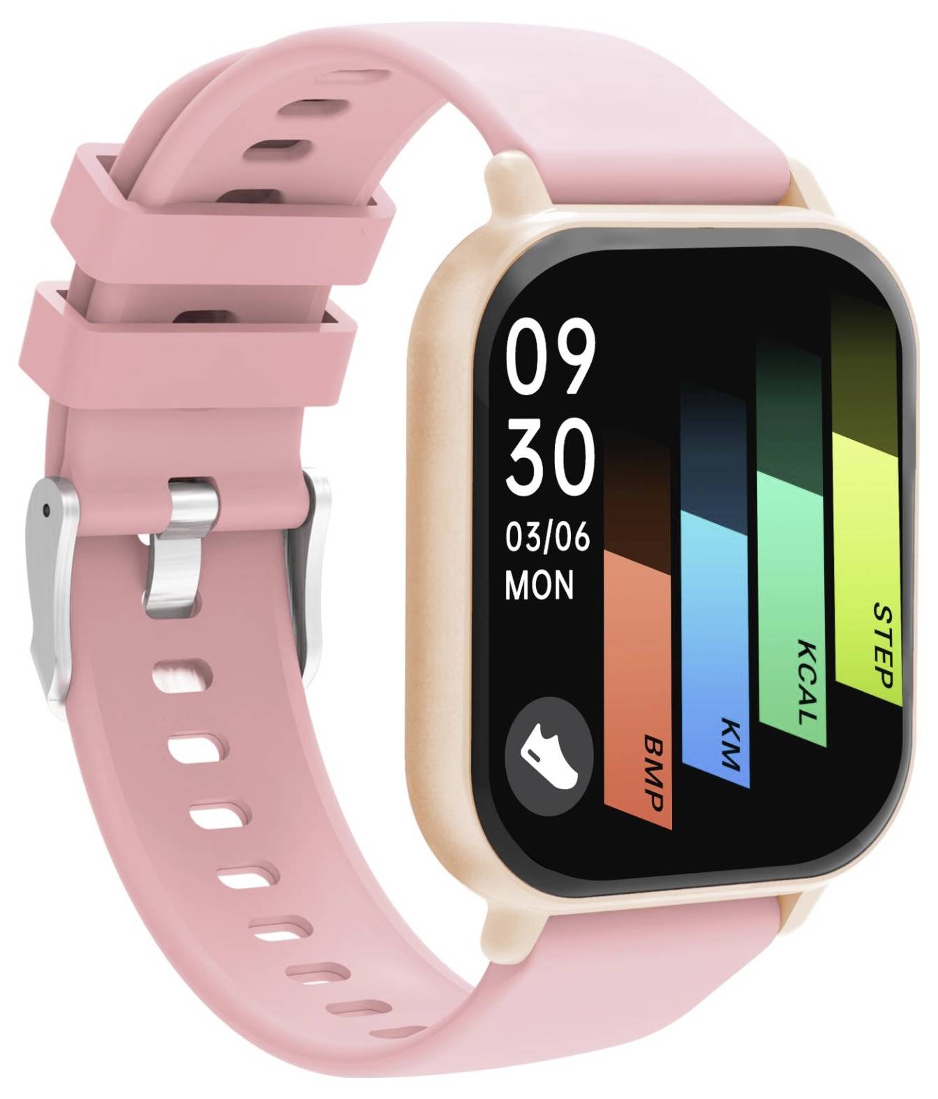 Rosa Smartwatch mit quadratischem Display, das 09:30, 03/06 MON anzeigt, und farbige Fitness-Balken mit den Bezeichnungen BPM, KM, KCAL und STEP.