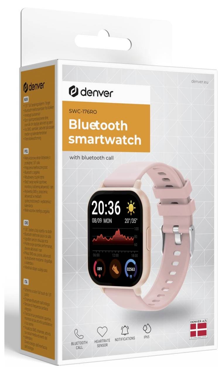 Produktbox für eine Denver Bluetooth Smartwatch in Rosa, die das Ziffernblatt und Funktionen wie Bluetooth-Anrufe, Herzfrequenzsensor, Benachrichtigungen und IP67 zeigt.