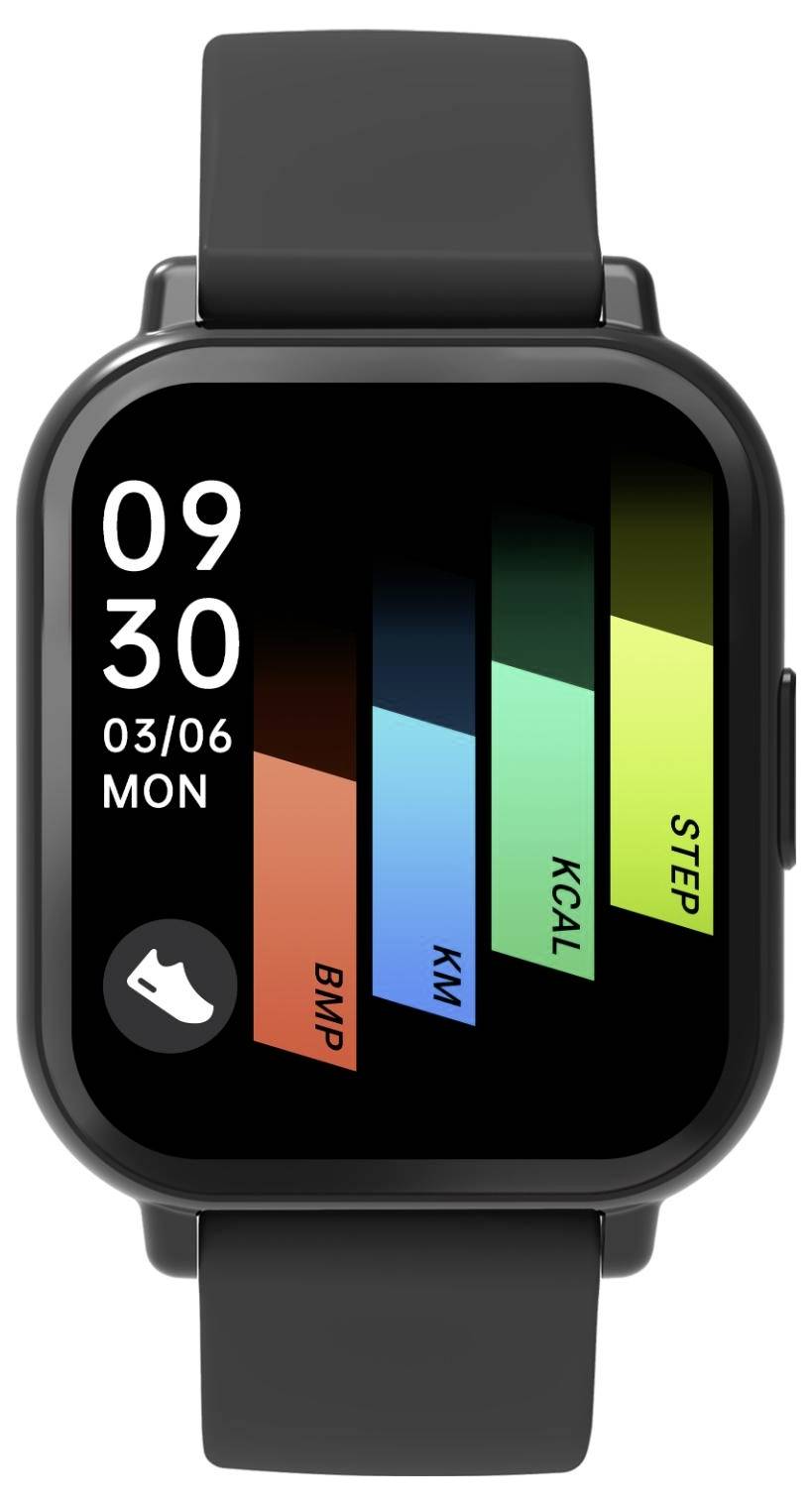 Schwarze Smartwatch, die die Uhrzeit 09:30 anzeigt, Datum 03/06 MON und ein Fitness-Dashboard mit Balken für Schritte, kcal, km und Herzfrequenz.