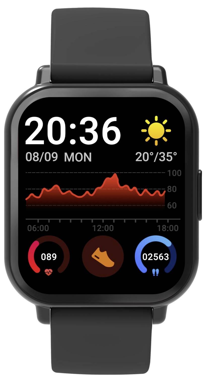 Smartwatch-Fitness-Dashboard zeigt 20:36, Datum 08/09 MON, sonniges Wetter 20°/35°, Herzfrequenzgraph und Aktivitätsringe für Schritte, Bewegung und Kalorien.