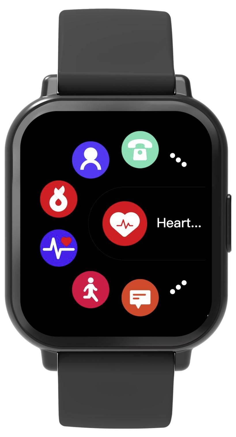 Smartwatch-Startbildschirm mit App-Symbolen für Profil, Sperre, Herzfrequenz, Fitness, Messaging und mehr auf einem schwarzen Display.