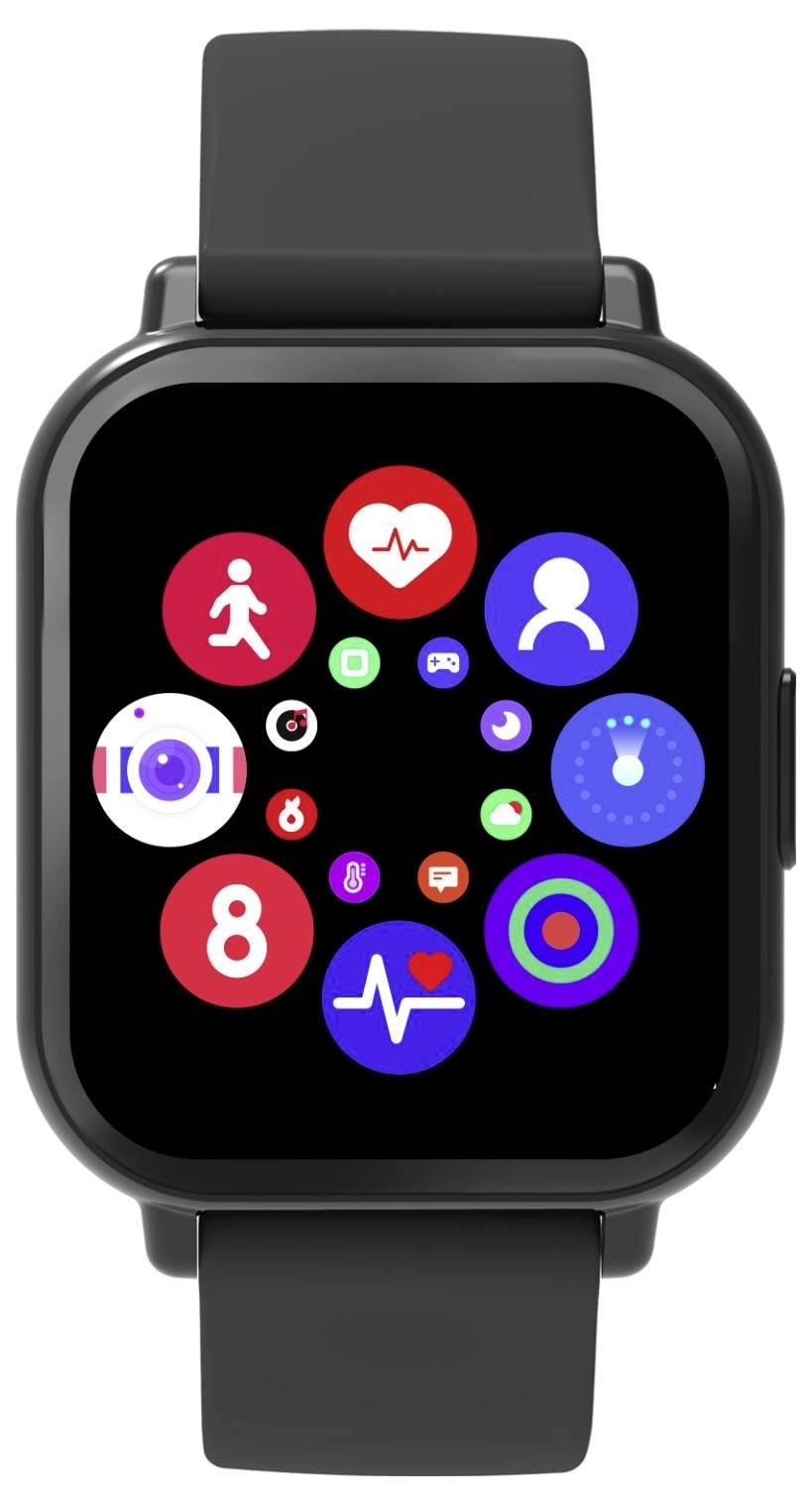Schwarze Smartwatch mit quadratischem Zifferblatt, das eine Gruppe bunter Gesundheits- und App-Symbole auf dem Bildschirm anzeigt.