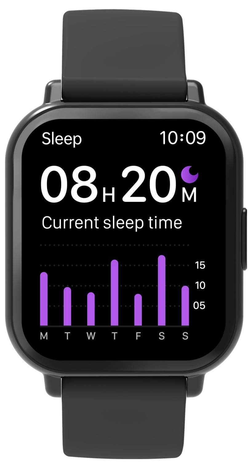 Smartwatch-Bildschirm zur Schlafverfolgung, der die aktuelle Schlafzeit von 08h20m um 10:09 anzeigt, mit einem wöchentlichen violetten Balkendiagramm mit den Beschriftungen M D M D F S S.