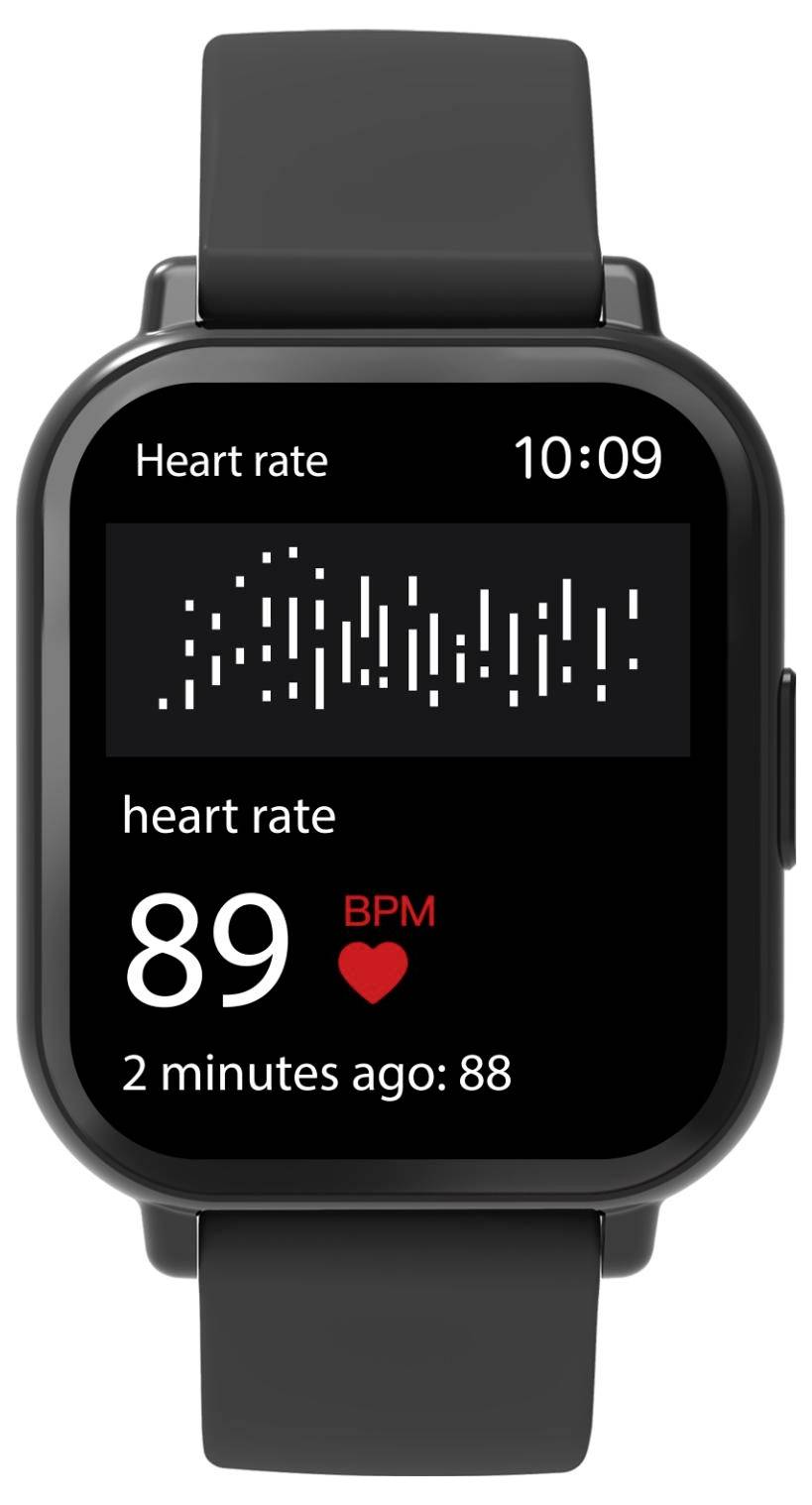 Smartwatch-Pulsmessbildschirm zeigt 89 Schläge pro Minute mit einem Herzsymbol, einer balkenförmigen Anzeige oben und „Vor 2 Minuten: 88