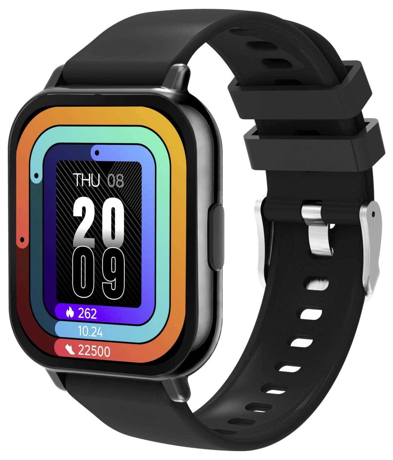 Schwarze Smartwatch mit quadratischem Gehäuse, das 'THU 08' und die Uhrzeit '20:09' anzeigt, bunte regenbogenfarbige Einfassung und schwarzes Silikonarmband.