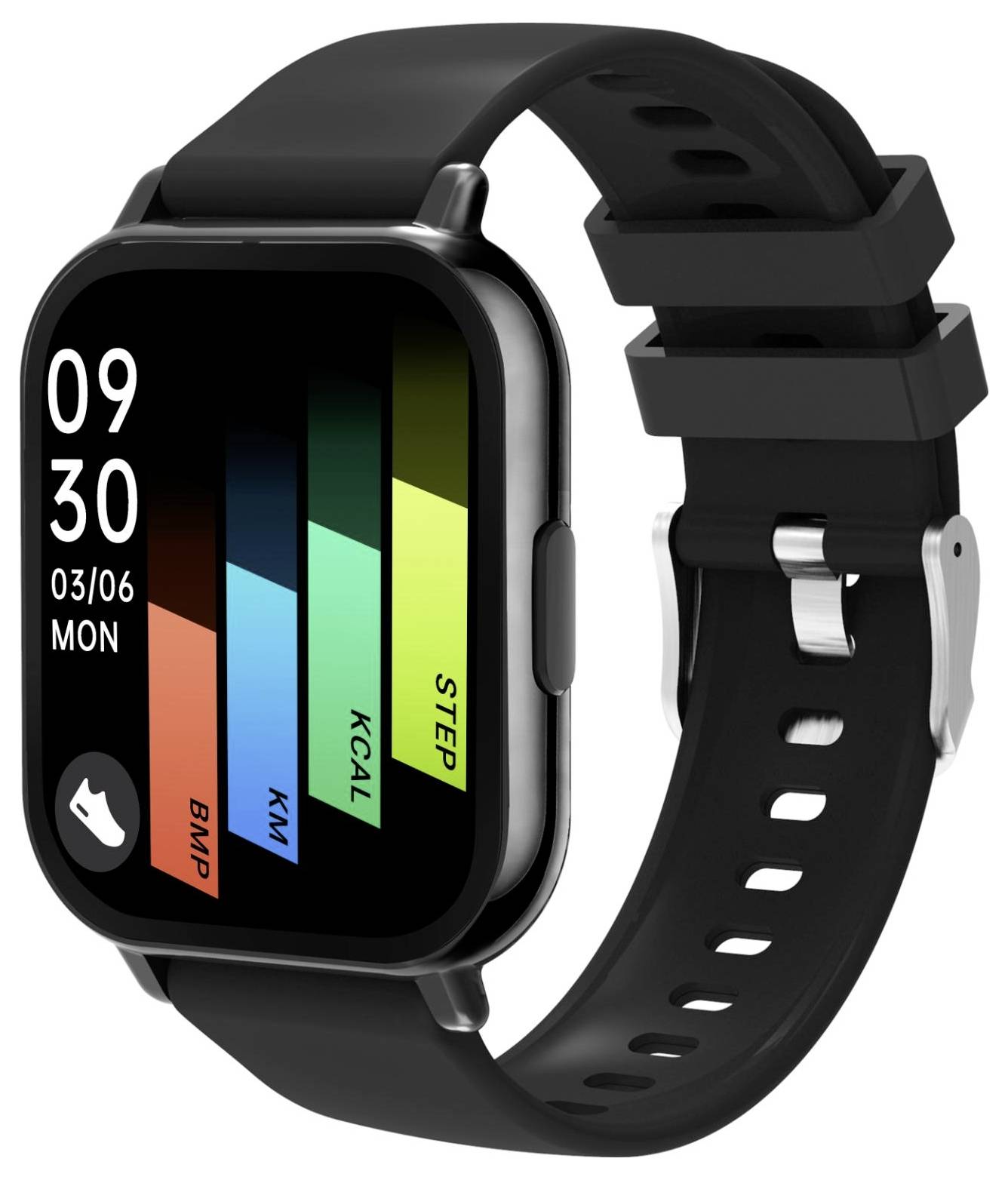 Schwarze Smartwatch mit quadratischem Gehäuse, das 09:30 anzeigt, und farbigen Fitness-Balken mit den Bezeichnungen BPM, KM, KCAL und STEP auf einem schwarzen Armband.
