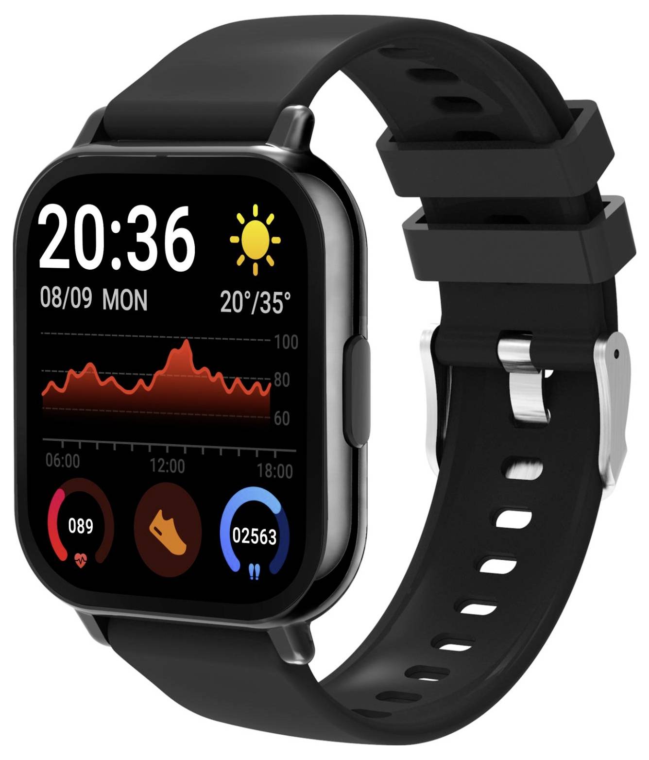 Schwarze Smartwatch mit quadratischem Touchscreen, der 20:36, Wetter, Datum, Herzfrequenzdiagramm und Schritt-/Aktivitätssymbole auf einem schwarzen Armband anzeigt.