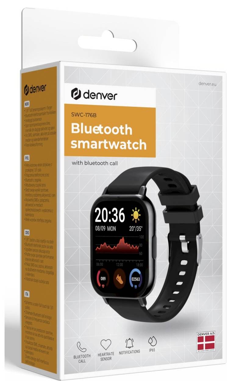 Paketbox für eine Denver SVC-176B Bluetooth-Smartwatch mit Anzeige der Uhr mit Anruf- und Gesundheitsfunktionen und einem vorderen Display mit Zeit- und Aktivitätsdaten.