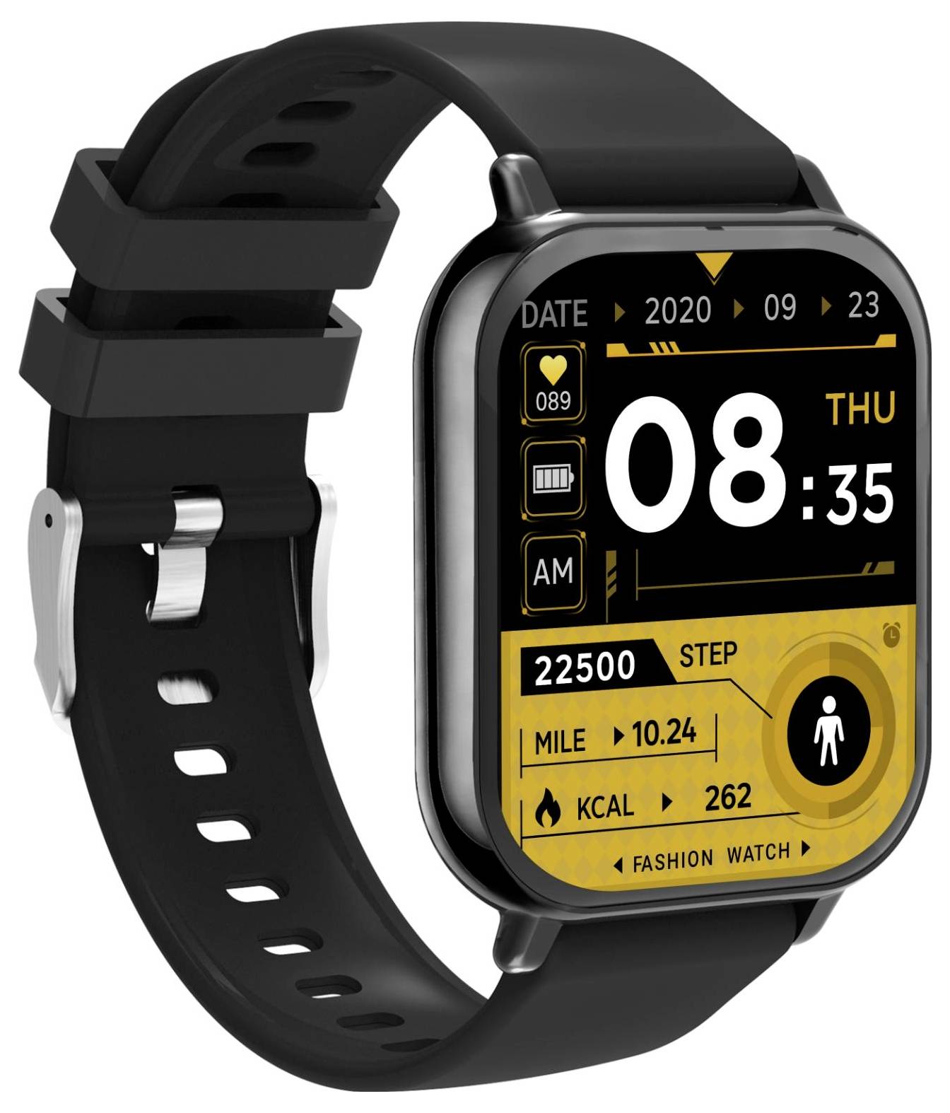 Schwarze quadratische Smartwatch mit schwarzem Armband mit einem gelb-schwarzen Fitness-Zifferblatt, digitale Zeit 08:35, Datum 2020-09-23, Schritte, Kilometer und Kalorien.