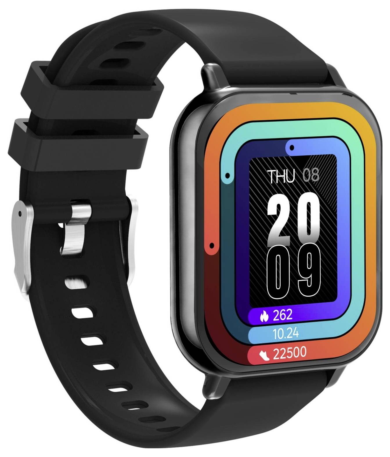 Schwarze Smartwatch mit farbigem quadratischem Display, das „THU 08