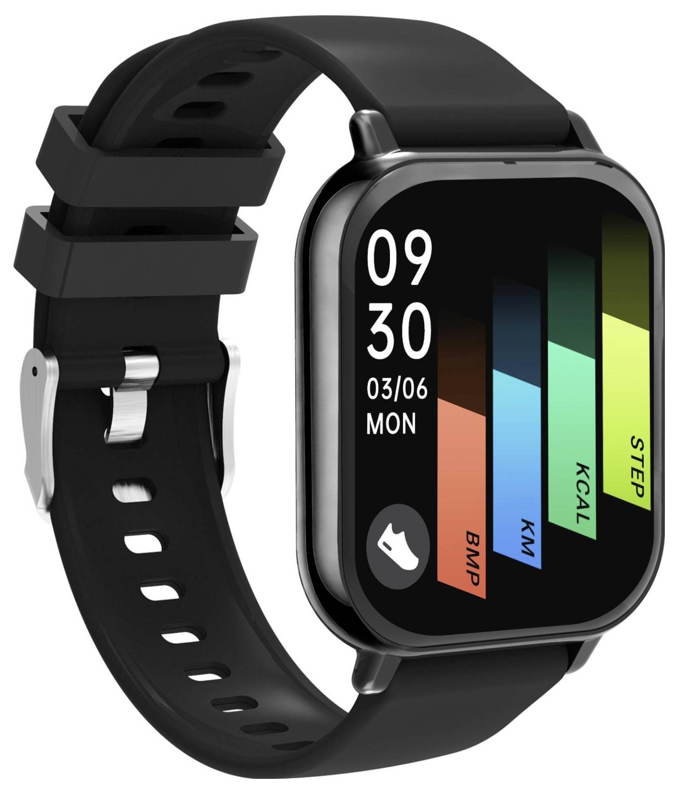 Schwarze Smartwatch mit schwarzem Armband, zeigt 09:30 und 03/06 MON auf einem farbenfrohen Fitness-ähnlichen Display an.