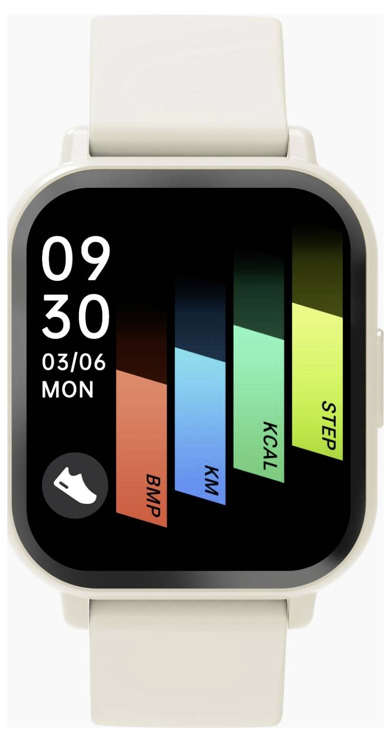 Smartwatch-Fitness-Bildschirm mit Anzeige 09:30, 03/06 MON und vertikalen Aktivitätsbalken für BMR, KM, KCAL und STEP.